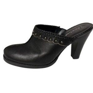 Bare Traps Expert Black Leather Slip On Mules High Heel Clog Studs Size 6